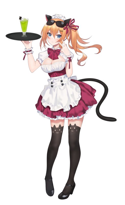 1girl animal_band_legwear animal_ears armband blue_eyes blush breasts cat_tail cleavage cocktail cocktail_glass cup drinking_glass fake_animal_ears fake_tail full_body girls_frontline hair_between_eyes hair_ornament hair_ribbon hairband holding holding_plate kalina_(girls_frontline) large_breasts looking_at_viewer maid maid_headdress orange_hair plate ribbon shoes simple_background solo suisai sunglasses tail thigh-highs v white_background wrist_cuffs zettai_ryouiki