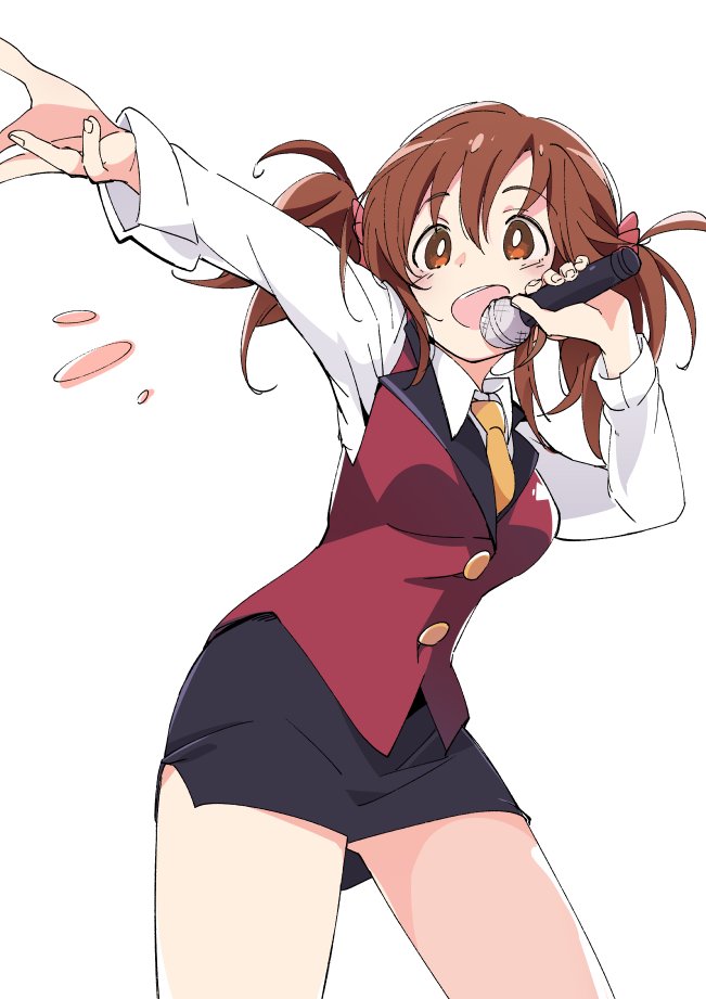 1girl :d black_skirt blush brown_eyes brown_hair eyebrows_visible_through_hair idolmaster idolmaster_cinderella_girls ixy long_sleeves microphone open_mouth outstretched_arm short_hair simple_background skirt smile solo standing thighs totoki_airi twintails white_background
