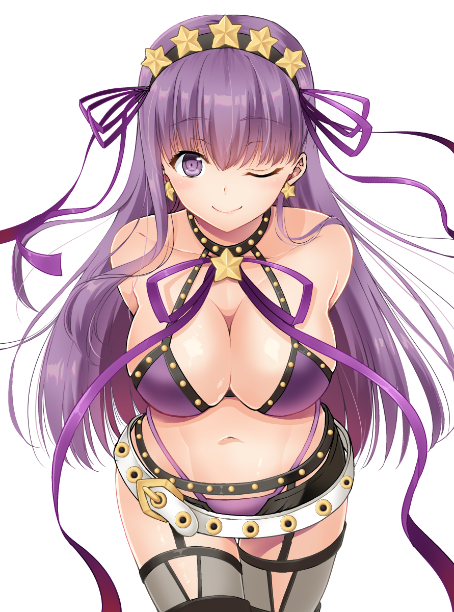 1girl arms_behind_back bangs bare_shoulders bb_(fate)_(all) bb_(swimsuit_mooncancer)_(fate) belt belt_buckle bikini black_legwear black_shorts blush breasts buckle cleavage closed_mouth collarbone cowboy_shot earrings eyebrows_visible_through_hair fate/grand_order fate_(series) garter_straps hair_ribbon hairband halterneck highleg highleg_bikini highres ishigami_kazui jewelry large_breasts leaning_forward long_hair looking_at_viewer micro_shorts navel neck_ribbon one_eye_closed open_fly purple_bikini purple_hair purple_neckwear purple_ribbon ribbon shorts simple_background smile solo star star_earrings stomach swimsuit thigh-highs very_long_hair violet_eyes white_background