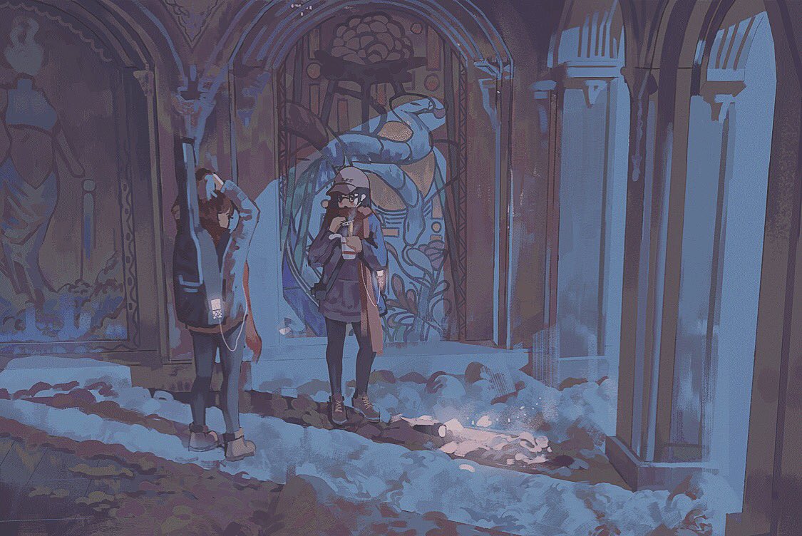 2girls baseball_cap black_hair black_pants boots brown_hair flashlight glasses glowing hat instrument klegsart long_sleeves lying multiple_girls on_back original pants ramen red_scarf scarf shadow