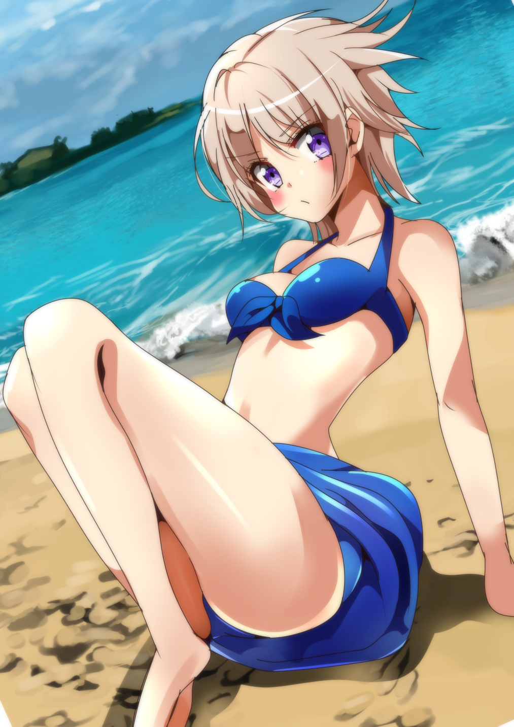 1girl arm_support barefoot beach bikini blue_bikini blue_eyes blush breasts cleavage collarbone gakkou_gurashi! highres looking_at_viewer naoki_miki ocean outdoors short_hair silver_hair sinakyo sitting sketch small_breasts solo swimsuit