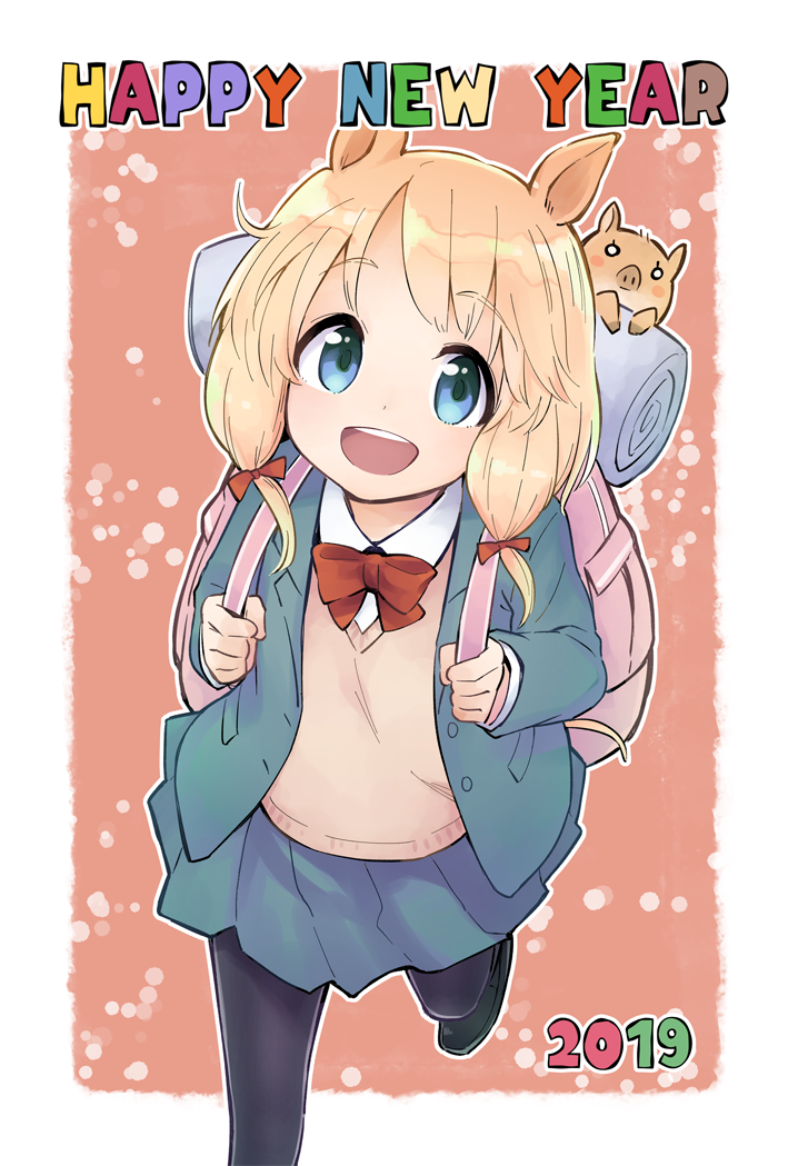 1girl 2019 :d animal_ears backpack bag black_footwear black_legwear blazer blonde_hair blue_eyes blue_jacket blue_skirt boar bow bowtie buttons chinese_zodiac collared_shirt commentary_request hair_bow happy_new_year holding jacket kirigaya_yuuji long_hair long_sleeves looking_at_viewer miniskirt new_year open_clothes open_jacket open_mouth original pantyhose pleated_skirt red_bow red_neckwear school_uniform shirt shoes skirt sleeping_bag smile solo sweater tareme undershirt upper_teeth white_shirt