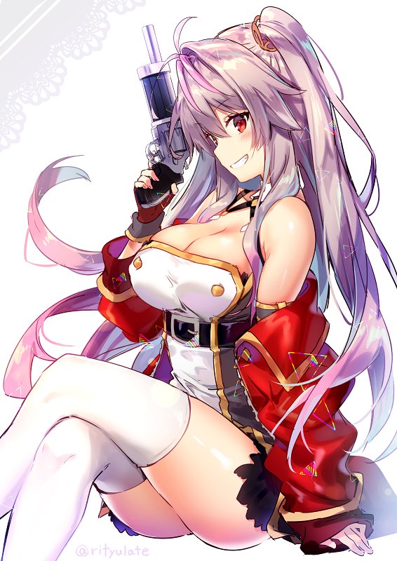 1girl azur_lane bare_shoulders blush breasts buttons cleavage commentary_request fingerless_gloves from_side gloves grenville_(azur_lane) gun hair_ornament handgun jacket jacket_on_shoulders large_breasts lavender_hair legs_crossed long_hair looking_at_viewer open_mouth parted_lips purple_hair red_eyes red_jacket revolver riichu shoes side_ponytail simple_background sitting smile solo teeth thigh-highs twitter_username very_long_hair weapon white_legwear