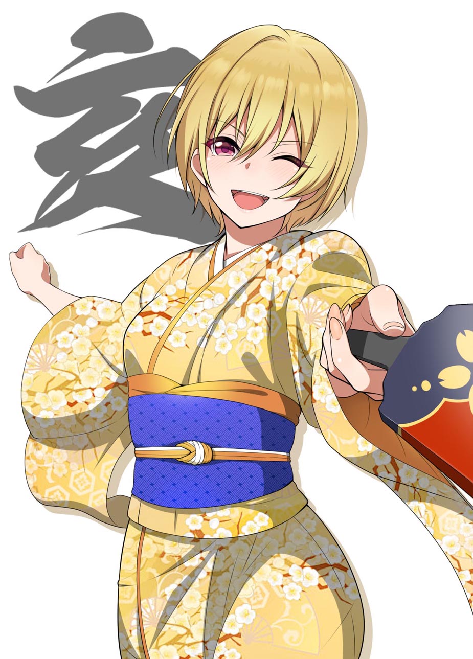 1girl :d blonde_hair floral_print flower flower_request hagoita highres idolmaster idolmaster_shiny_colors japanese_clothes kimono kurihara_kenshirou looking_at_viewer new_year obi one_eye_closed open_mouth paddle red_eyes saijou_juri sash short_hair simple_background smile solo violet_eyes white_background white_flower