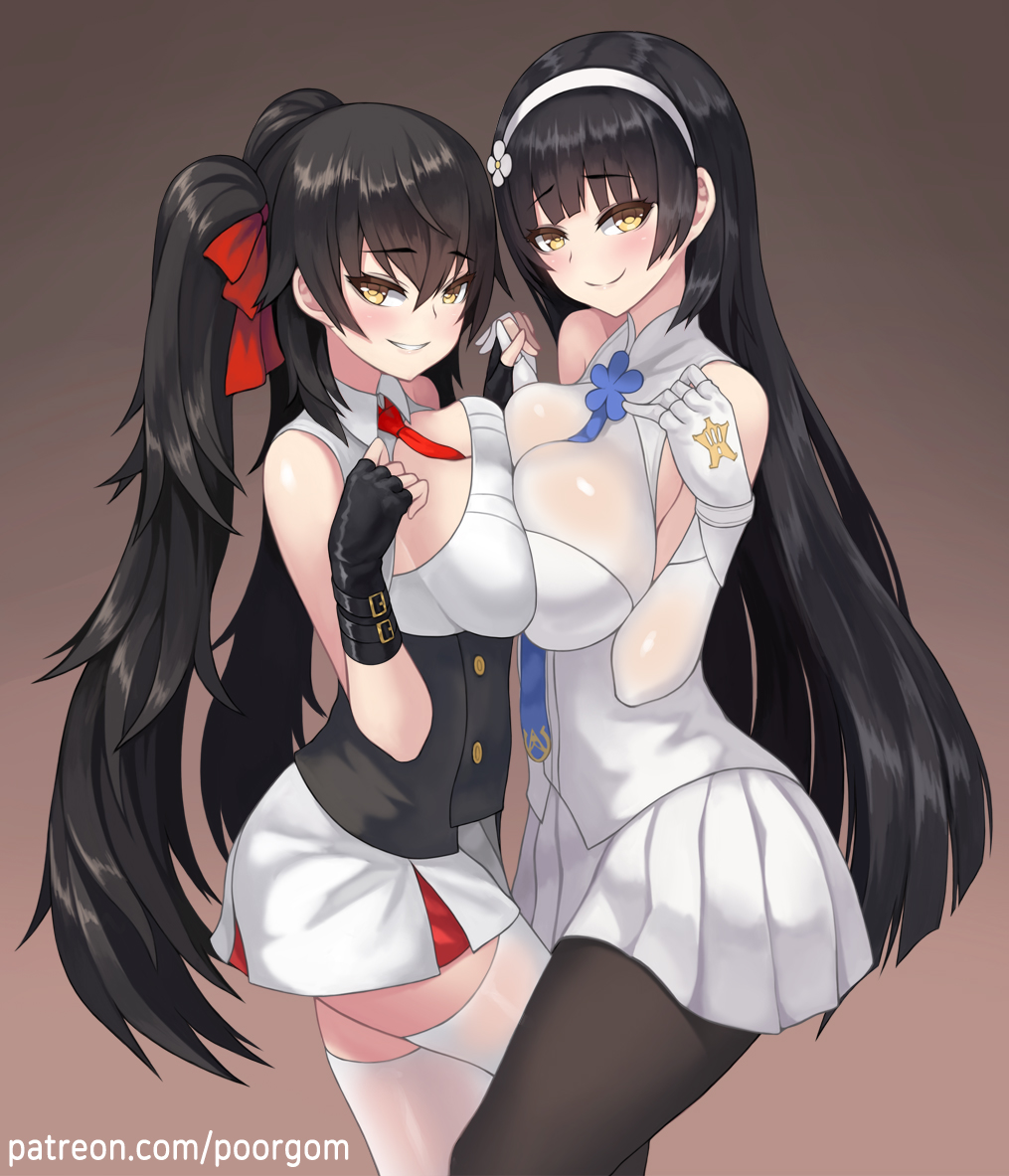 2girls bare_shoulders black_gloves black_hair breast_press breasts brown_background cleavage fingerless_gloves girls_frontline gloves gradient gradient_background hair_ribbon hairband large_breasts long_hair looking_at_viewer multiple_girls naughty_face necktie pantyhose qbz-95_(girls_frontline) qbz-97_(girls_frontline) raised_eyebrows red_ribbon ribbon skirt symmetrical_docking thigh-highs twintails very_long_hair white_gloves white_legwear yellow_eyes zofe