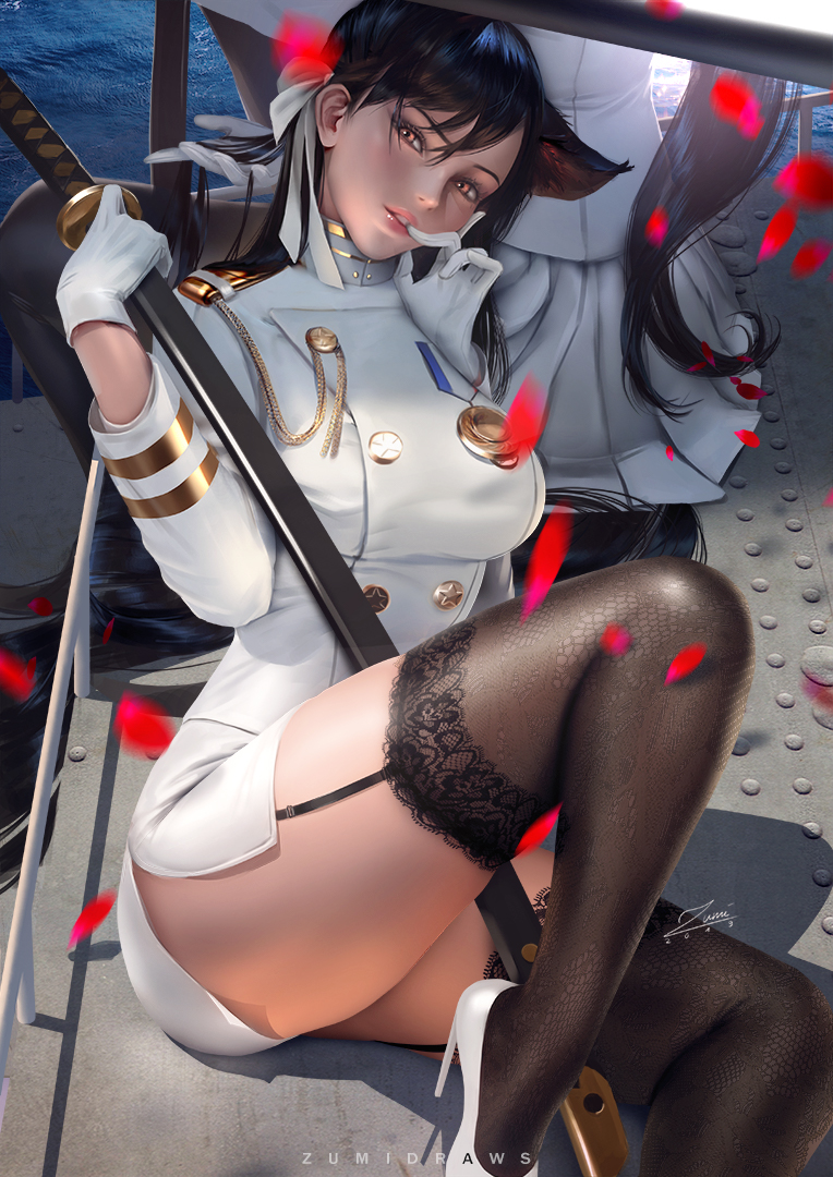 2girls aiguillette animal_ears atago_(azur_lane) azur_lane bangs banned_artist black_hair black_legwear bow breasts brown_eyes commentary deck english_commentary extra_ears falling_petals finger_in_mouth garter_straps gloves high_heels holding holding_sword holding_weapon jacket lace lace-trimmed_legwear large_breasts leg_up long_hair looking_at_viewer medallion military military_uniform miniskirt multiple_girls ocean out_of_frame parted_lips pleated_skirt ribbon sheath side_slit sitting skirt solo_focus swept_bangs sword takao_(azur_lane) thigh-highs thighs uniform water weapon white_bow white_footwear white_gloves white_jacket white_ribbon white_skirt zumi_(zumidraws)