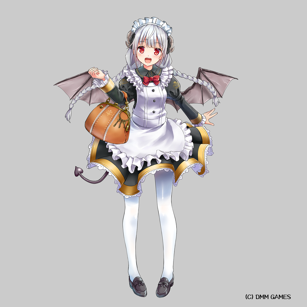 1girl :d bag black_footwear bow braids brown_handbag company_name copyright copyright_name demon_tail demon_wings dmm frills full_body handbag horns key keyring long_hair long_sleeves looking_at_viewer maid_headdress official_art okiru open_mouth pantyhose puffy_long_sleeves puffy_sleeves rebless red_bow red_eyes shoes smile standing tail twin_braids twintails white_hair white_legwear