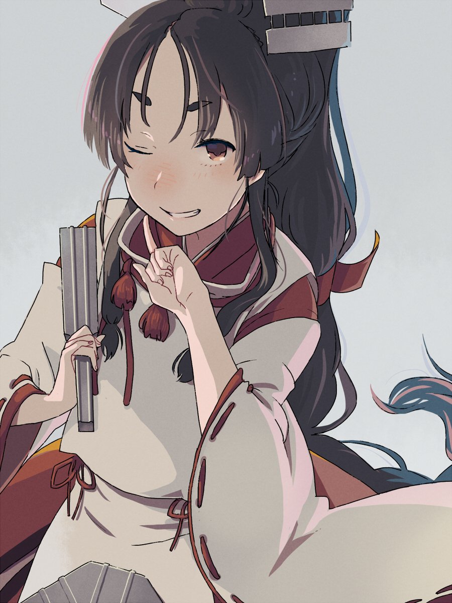 1girl black_hair brown_eyes commentary_request detached_sleeves grin hakama headgear high_ponytail highres index_finger_raised japanese_clothes kantai_collection kariginu long_hair long_sleeves multi-tied_hair nisshin_(kantai_collection) one_eye_closed radar_hair_ornament red_hakama red_ribbon ribbon ribbon-trimmed_sleeves ribbon_trim short_eyebrows smile solo thick_eyebrows very_long_hair wide_sleeves you_(yawnmgmg)