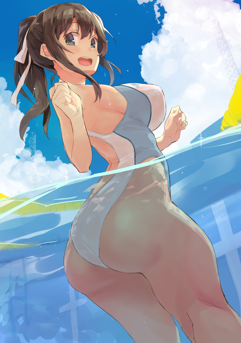 1girl ass bangs bare_shoulders blue_eyes blue_sky blush breasts brown_hair competition_swimsuit hair_between_eyes hair_ribbon highleg highleg_swimsuit highres kekemotsu large_breasts long_hair looking_at_viewer looking_back one-piece_swimsuit original ponytail ribbon sidelocks sky smile solo swimsuit thighs water white_ribbon white_swimsuit