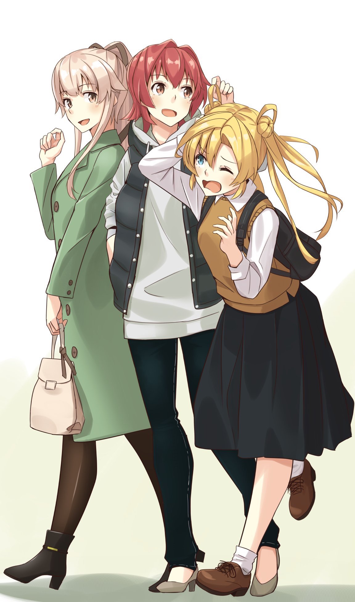 3girls abukuma_(kantai_collection) backpack bag bangs black_legwear blonde_hair blue_eyes blush bow collared_shirt denim double_bun eyebrows_visible_through_hair hair_bow hair_flaps hair_ribbon hair_rings hand_in_pocket handbag highres holding holding_handbag hood hoodie jacket jeans kantai_collection kinu_(kantai_collection) long_hair long_sleeves multiple_girls negahami one_eye_closed open_mouth pants pantyhose pink_hair ponytail redhead ribbon shadow shirt shoes short_hair side_ponytail simple_background skirt smile socks standing twintails vest walking white_background white_legwear yura_(kantai_collection)