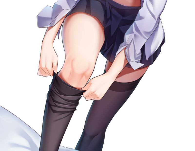 1girl black_legwear commentary_request copyright_request dress_shirt dressing dutch_angle facing_viewer head_out_of_frame knees long_sleeves miniskirt open_clothes open_cuffs open_shirt pleated_skirt ray-akila shirt skirt solo stomach thigh-highs white_shirt zettai_ryouiki