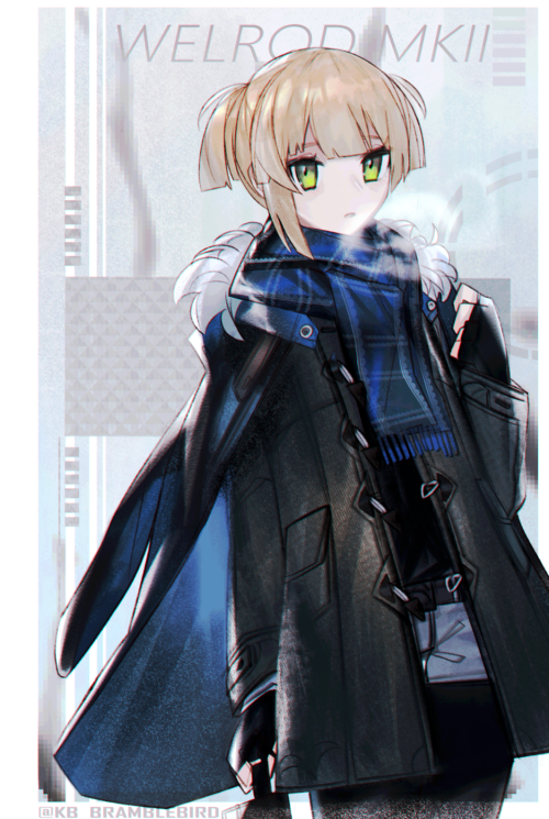 1girl androgynous bangs black_gloves blonde_hair blunt_bangs character_name coat fingerless_gloves flat_chest girls_frontline gloves green_eyes kky long_coat looking_at_viewer overcoat plaid plaid_scarf scarf short_hair solo welrod_mk2 welrod_mk2_(girls_frontline) winter_clothes