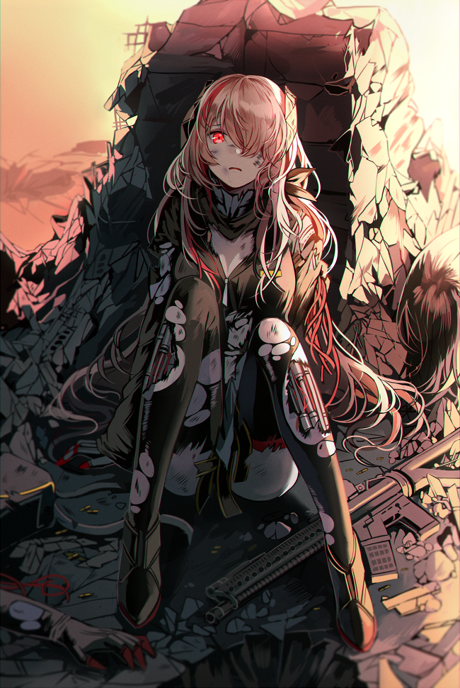 2girls android assault_rifle bangs black_jacket breasts cable cleavage damaged detached_arm eyebrows_visible_through_hair girls_frontline gloves gun hair_between_eyes hair_over_one_eye headgear jacket long_hair looking_at_viewer m4_carbine m4_sopmod_ii_(girls_frontline) medium_breasts multicolored_hair multiple_girls open_mouth parts_exposed pink_hair red_eyes redhead rifle robot_joints scarf sidelocks silence_girl sitting solo streaked_hair sunset torn_clothes weapon