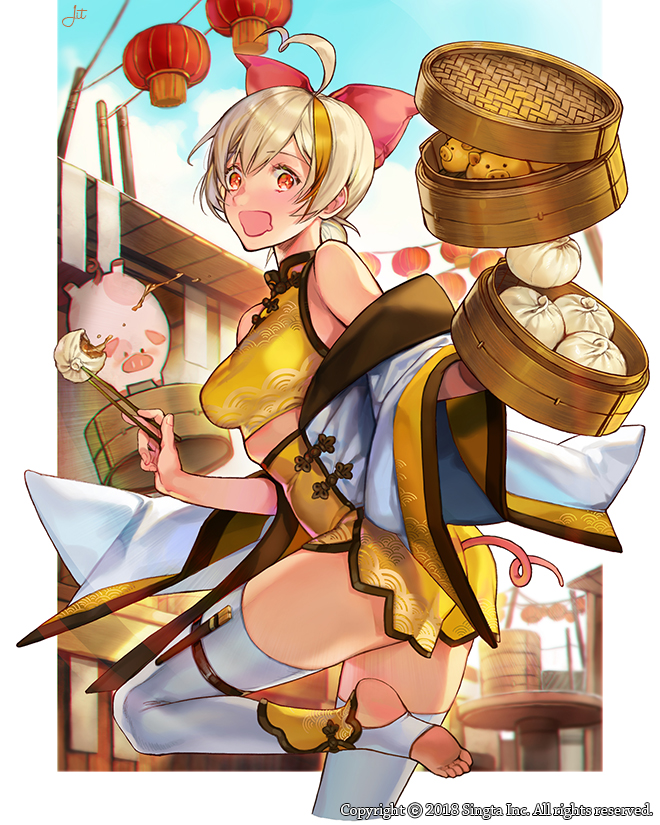 1girl :o ahoge artist_name bamboo_steamer baozi blonde_hair blue_sky bow chopsticks clouds dated day detached_sleeves food hair_bow jit lantern light_brown_hair looking_at_viewer midriff official_art outdoors paper_lantern pig pig_tail red_bow red_eyes short_hair sid_story sky standing standing_on_one_leg table tail thigh-highs toes watermark white_legwear wide_sleeves