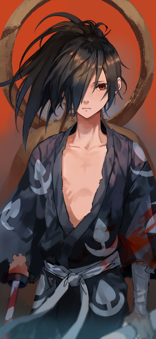 1boy black_hair blood blood_splatter blood_stain dororo_(tezuka) hair_over_one_eye hyakkimaru_(dororo) japanese_clothes long_hair looking_at_viewer male_focus missing_limb open_clothes otuming ponytail red_eyes solo sword weapon