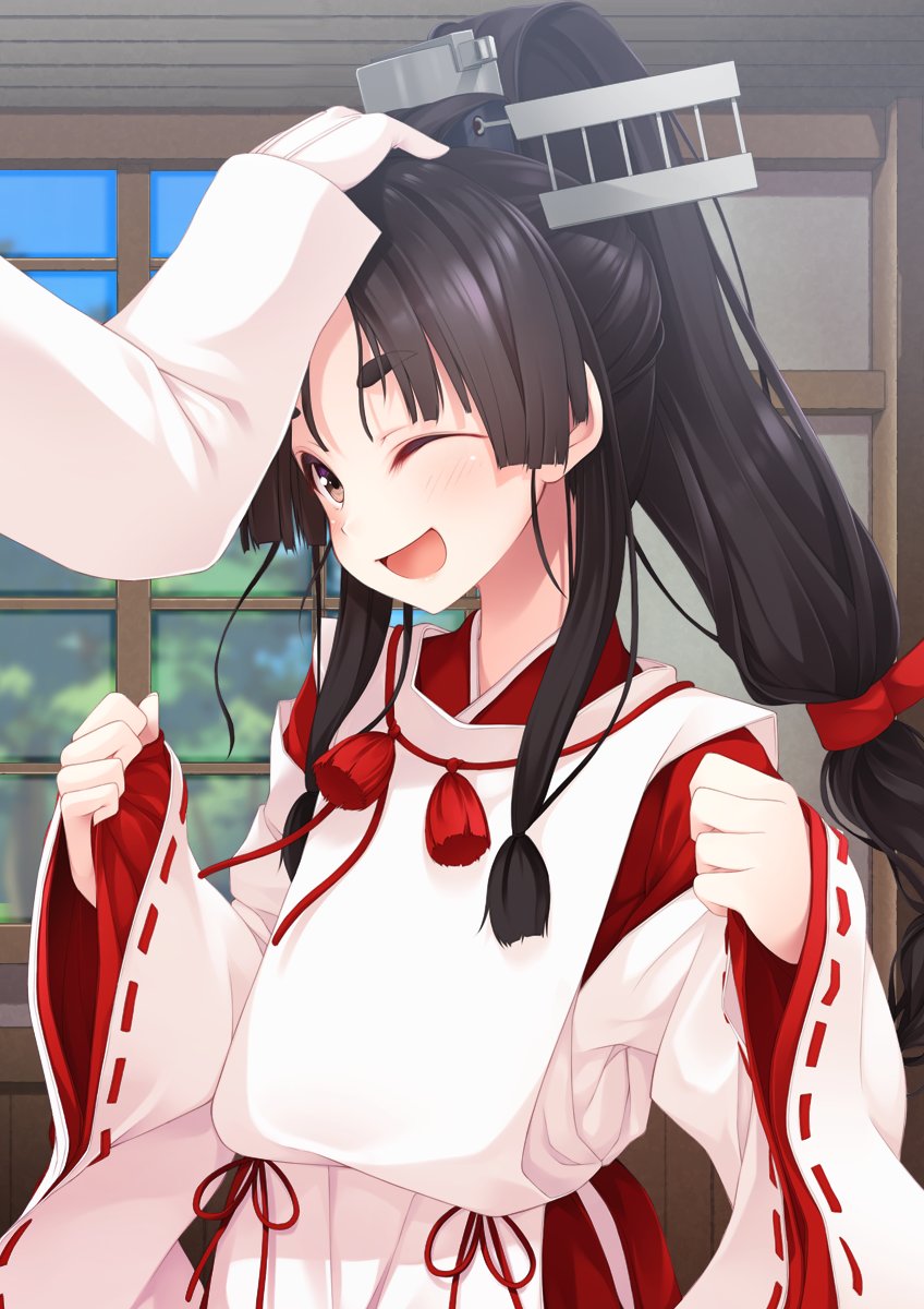 admiral_(kantai_collection) black_hair highres japanese_clothes kantai_collection miko mofu_namako nisshin_(kantai_collection) petting ponytail thick_eyebrows