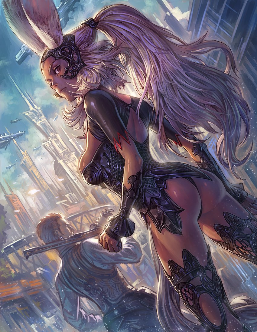 1boy 1girl aircraft airship animal_ears armor ass back_cutout balflear blue_sky breasts brown_eyes building city cleavage dark_skin final_fantasy final_fantasy_xii fran from_behind from_below gun hand_on_hip light_particles long_hair looking_back nariann over_shoulder ponytail rabbit_ears rifle serious shiny shiny_skin sideboob silver_hair skindentation sky solo_focus thigh-highs very_long_hair weapon weapon_over_shoulder