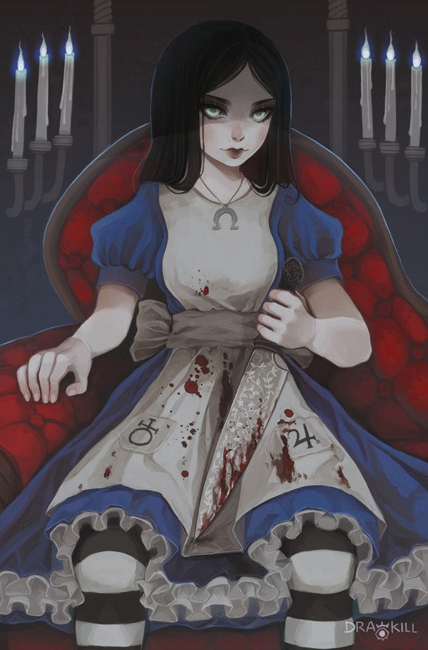 1girl alice_(wonderland) alice_in_wonderland artist_name black_hair blood bloody_knife blue_dress candle chair dark_persona drawkill female horseshoe knife long_hair pale_skin red_chair sitting solo striped_legwear