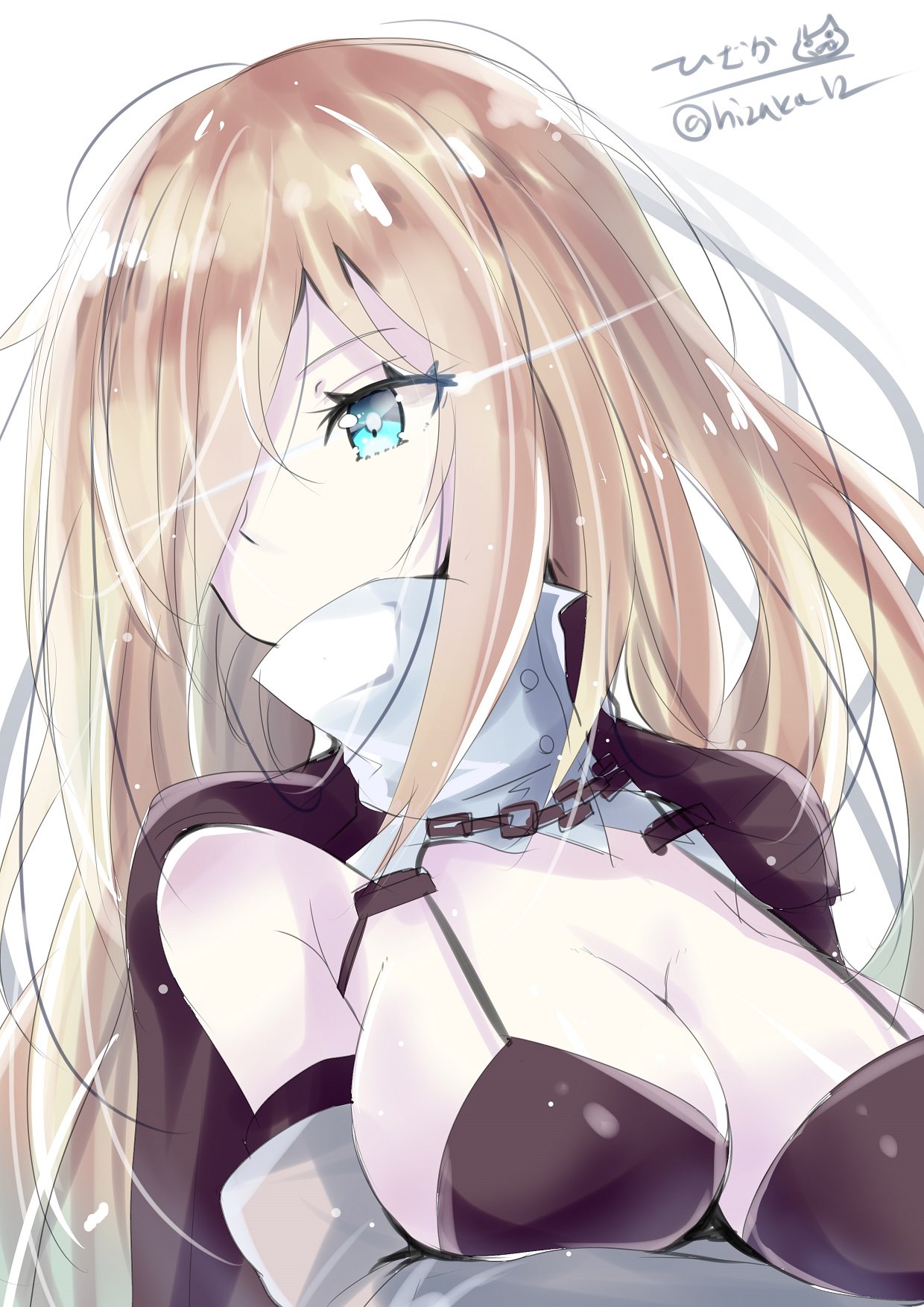 1girl black_bra blonde_hair blue_eyes bra breasts detached_sleeves european_water_hime hair_between_eyes hair_over_one_eye highres hizaka kantai_collection large_breasts long_hair looking_at_viewer pale_skin simple_background solo twitter_username underwear white_background