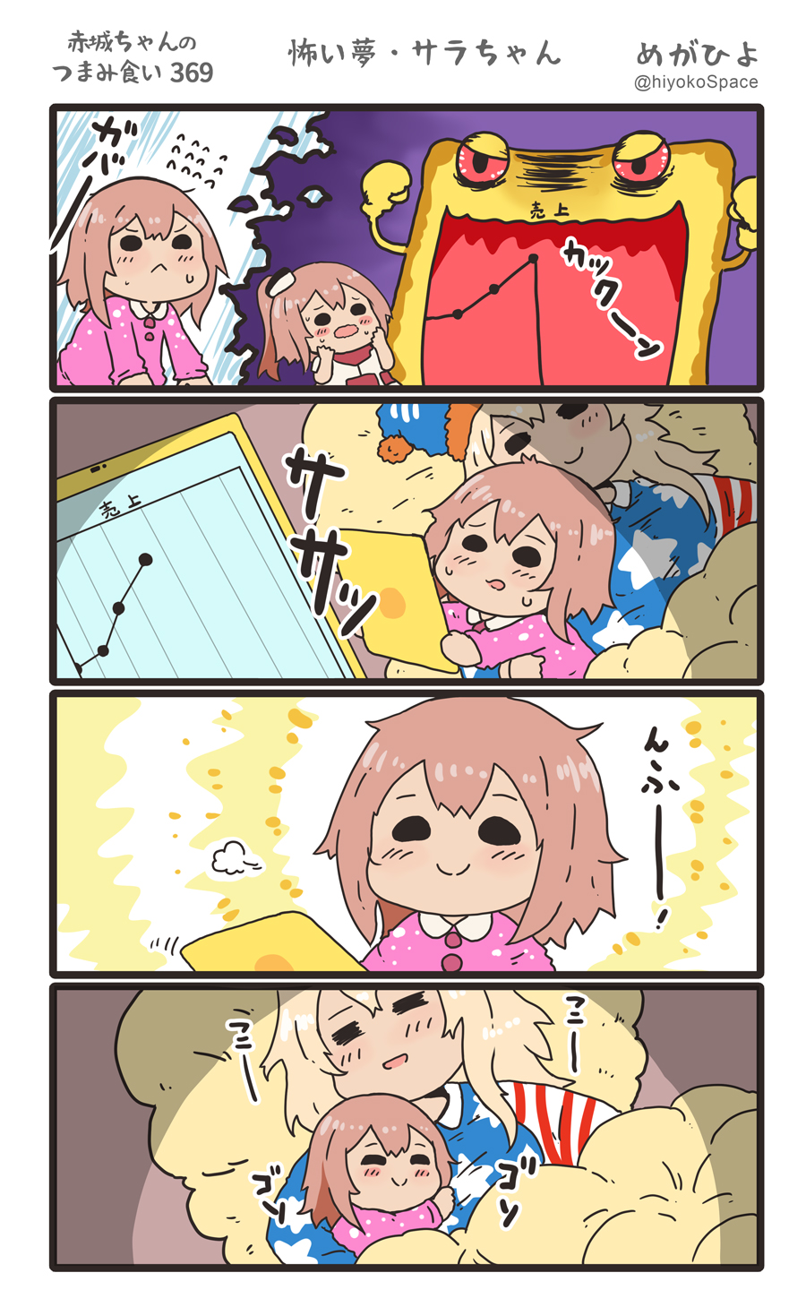 2girls 4koma =3 =_= american_flag american_flag_print blonde_hair blush brown_hair buttons closed_eyes comic commentary_request flag_print flying_sweatdrops hair_between_eyes hat highres holding iowa_(kantai_collection) kantai_collection long_hair long_sleeves megahiyo multiple_girls nightcap open_mouth pajamas pom_pom_(clothes) saratoga_(kantai_collection) smile star star_print tablet translation_request twitter_username