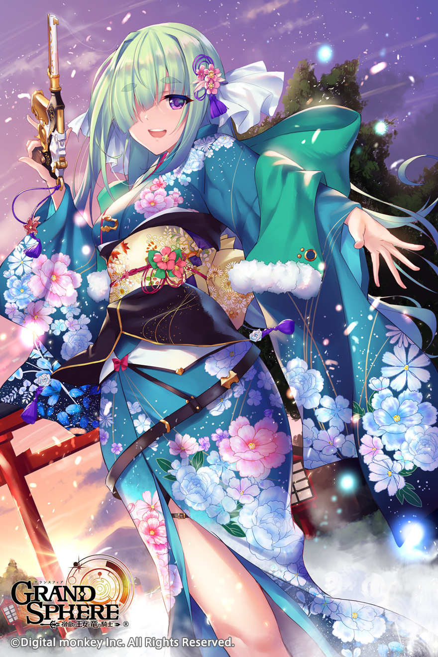 1girl bangs blue_hair blue_kimono breasts eyebrows_visible_through_hair floating_hair flower fog fukai_ryousuke fur-trimmed_shawl glint gold_trim gradient_hair grand_sphere gun hair_flower hair_ornament hair_over_one_eye hair_ribbon handgun highres holding holding_gun holding_weapon japanese_clothes kimono large_breasts light_particles logo long_hair mountain multicolored multicolored_hair multicolored_sky obi open_mouth orange_sky outdoors outstretched_arm pink_flower purple_sky ribbon sash shawl shrine sidelocks sion_flower_gun_princess sky smile solo strap sunrise tareme thick_eyebrows thigh_strap torii tree trigger_discipline upper_teeth very_long_hair violet_eyes watermark weapon white_ribbon wide_sleeves wind