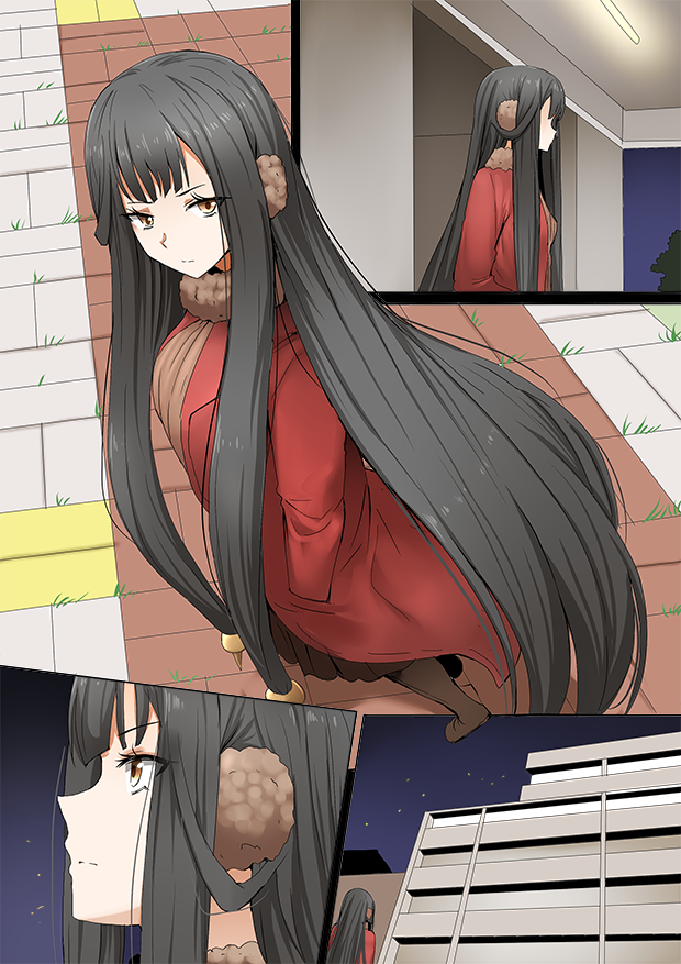 1girl absurdly_long_hair apartment bangs black_hair brown_footwear coat doorway earmuffs fate/grand_order fate_(series) fur_trim ginhaha hands_in_pockets light long_hair looking_up night night_sky outdoors pavement red_coat semiramis_(fate) skirt sky star_(sky) very_long_hair winter_clothes winter_coat yellow_eyes