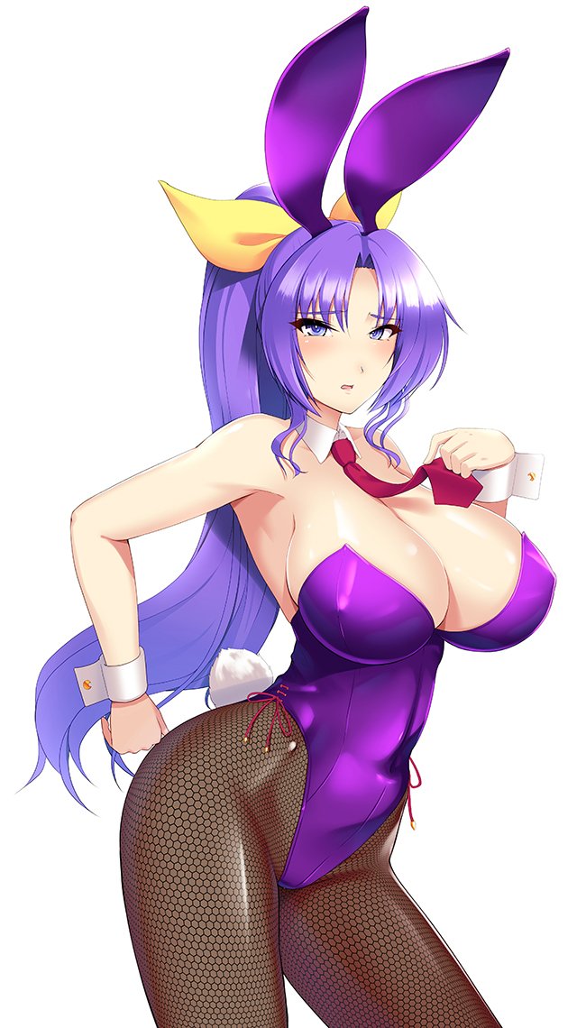 1girl 8000 animal_ears blue_eyes breasts brown_legwear bunny_tail bunnysuit cleavage commentary_request contrapposto covered_navel detached_collar fishnet_pantyhose fishnets large_breasts leotard long_hair looking_at_viewer necktie pantyhose ponytail purple_hair purple_leotard rabbit_ears red_neckwear simple_background solo strapless strapless_leotard tail touhou watatsuki_no_yorihime white_background wrist_cuffs