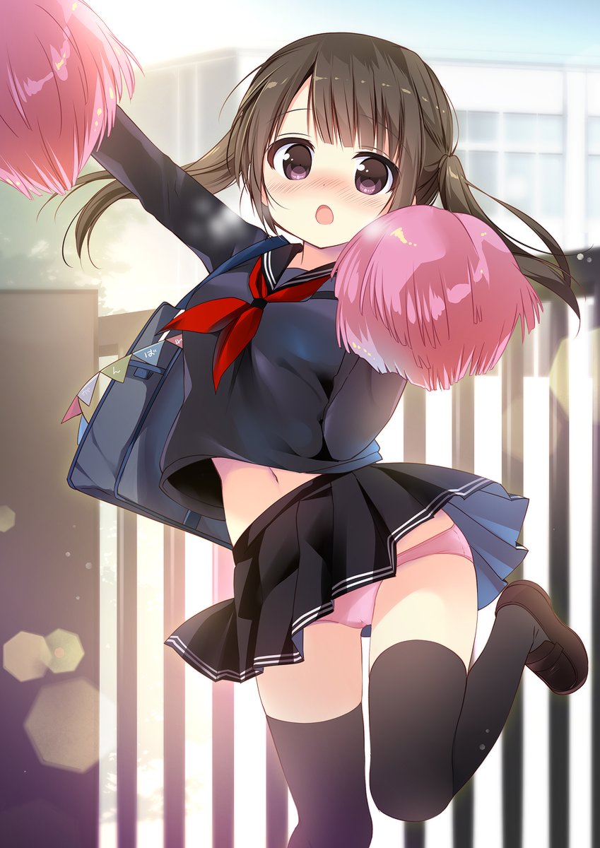 1girl :o arm_up bag black_legwear black_serafuku black_shirt black_skirt blue_sky blush breasts brown_footwear brown_hair commentary_request day eyebrows_visible_through_hair highres holding loafers long_hair long_sleeves looking_at_viewer nagayama_yuunon navel neckerchief open_mouth original outdoors outstretched_arm panties pennant pink_panties pleated_skirt pom_poms red_neckwear school_bag school_uniform serafuku shirt shoes skirt sky small_breasts solo standing standing_on_one_leg string_of_flags thigh-highs twintails underwear violet_eyes