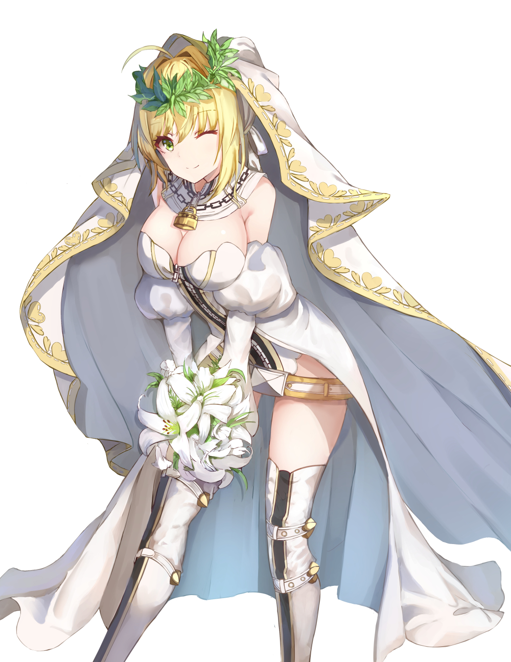 1girl ;) ahoge blacktheif blonde_hair boots bouquet breasts choker cleavage detached_sleeves fate/extra fate/extra_ccc fate_(series) flower green_eyes hair_ribbon highres holding holding_bouquet large_breasts leotard long_sleeves looking_at_viewer nero_claudius_(bride)_(fate) nero_claudius_(fate)_(all) one_eye_closed ribbon short_hair simple_background smile solo standing strapless strapless_leotard thigh-highs thigh_boots white_background white_flower white_footwear white_leotard white_ribbon white_sleeves