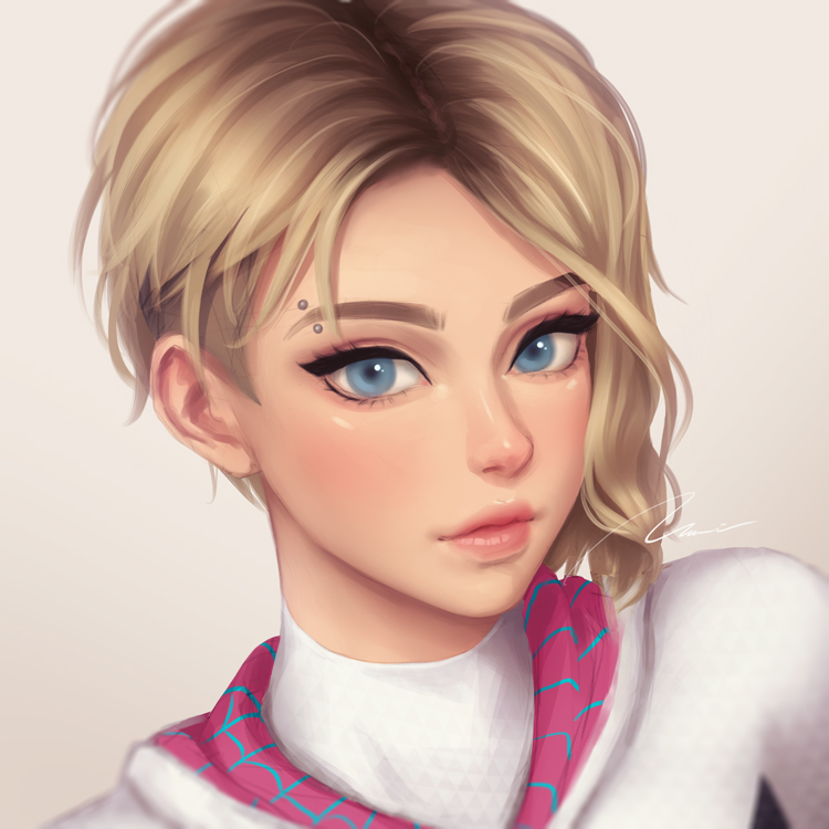 1girl blonde_hair blue_eyes blush closed_mouth commentary_request eyebrow_piercing forehead grey_background gwen_stacy lips looking_at_viewer marvel piercing portrait short_hair signature smile solo spider-gwen spider-man:_into_the_spider-verse thick_eyebrows umigraphics