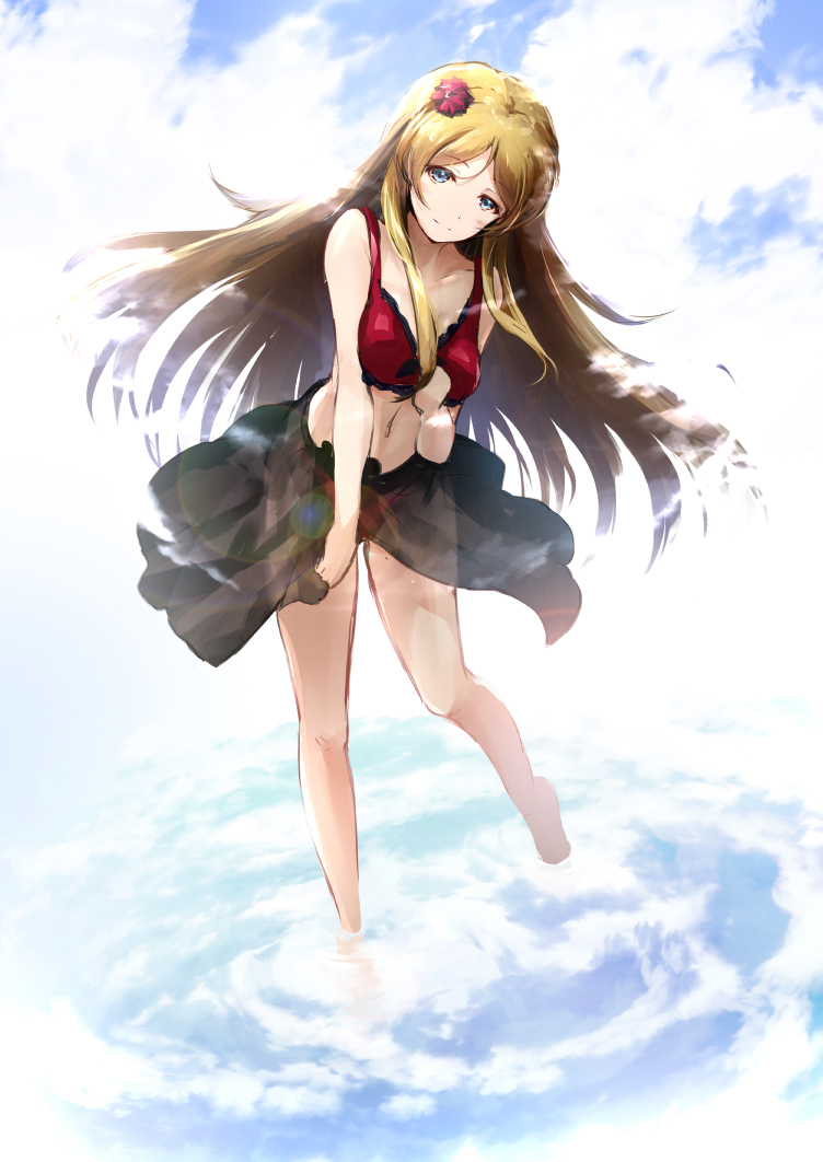 1girl bangs barefoot bikini blonde_hair blue_eyes collarbone floating_hair flower hair_flower hair_ornament idolmaster idolmaster_million_live! leaning_forward leg_up lens_flare long_hair looking_at_viewer parted_bangs red_bikini red_flower ro_risu sarong see-through shinomiya_karen smile solo standing swimsuit very_long_hair