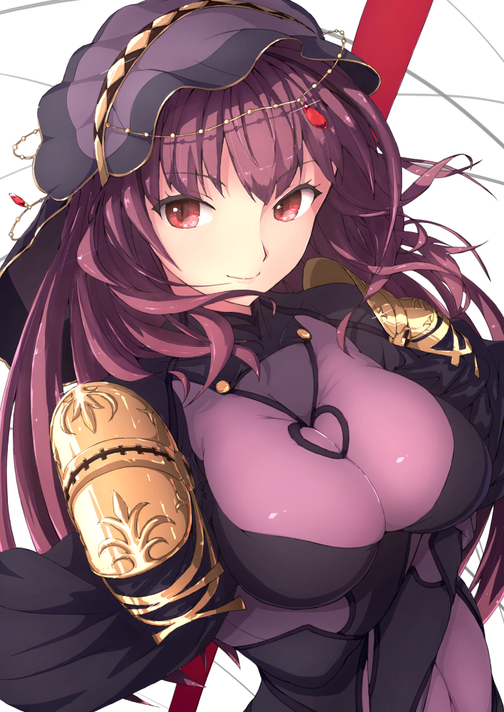 1girl arm_under_breasts bodysuit breasts cleavage eyebrows_visible_through_hair fate/grand_order fate_(series) gae_bolg gem impossible_bodysuit impossible_clothes large_breasts leotard long_hair looking_at_viewer pauldrons polearm purple_bodysuit purple_hair purple_leotard red_eyes scathach_(fate)_(all) scathach_(fate/grand_order) shoulder_armor simple_background slit_pupils smile solo spear umke8373 veil weapon white_background