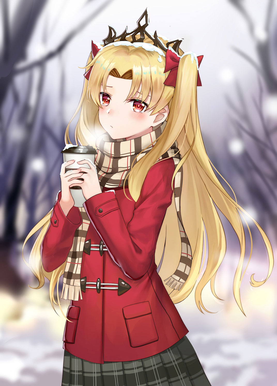 1girl bangs bare_tree blonde_hair blurry blurry_background blush bow breasts breath brown_scarf closed_mouth coat cowboy_shot cup day depth_of_field disposable_cup duffel_coat ereshkigal_(fate/grand_order) fate/grand_order fate_(series) forehead fringe_trim grey_skirt hair_bow highres holding holding_cup long_hair long_sleeves luobo_(nsnr8754) outdoors parted_bangs plaid plaid_scarf plaid_skirt pleated_skirt red_bow red_coat red_eyes scarf skirt snow snow_on_head snowing solo tears tiara tree two-handed two_side_up winter