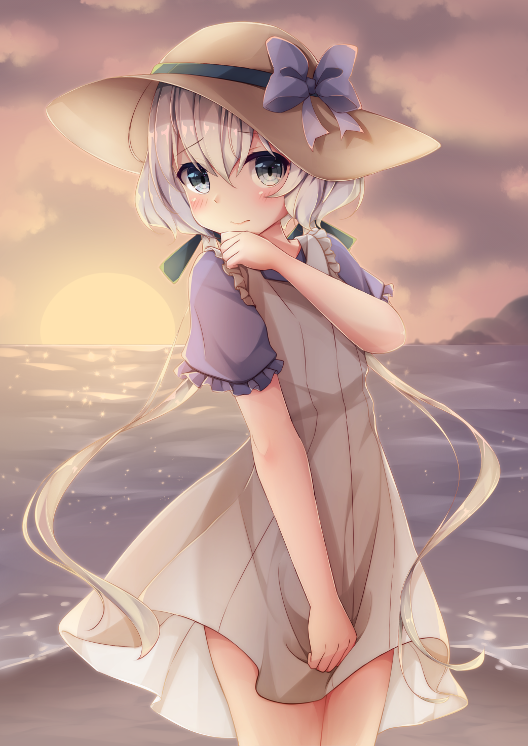 1girl beach blue_eyes blush clouds cloudy_sky dress dress_shirt embarrassed evening eyebrows_visible_through_hair flat_chest frilled_sleeves frills hair_between_eyes hair_ribbon hat hat_ribbon highres horizon konno_junko long_hair looking_at_viewer low_twintails ocean outdoors purple_ribbon purple_shirt ribbon shirt short_sleeves silver_hair sky sleeveless sleeveless_dress solo sun_hat sundress sunlight sunset twintails umou_(may65879) wading water white_dress zombie_land_saga