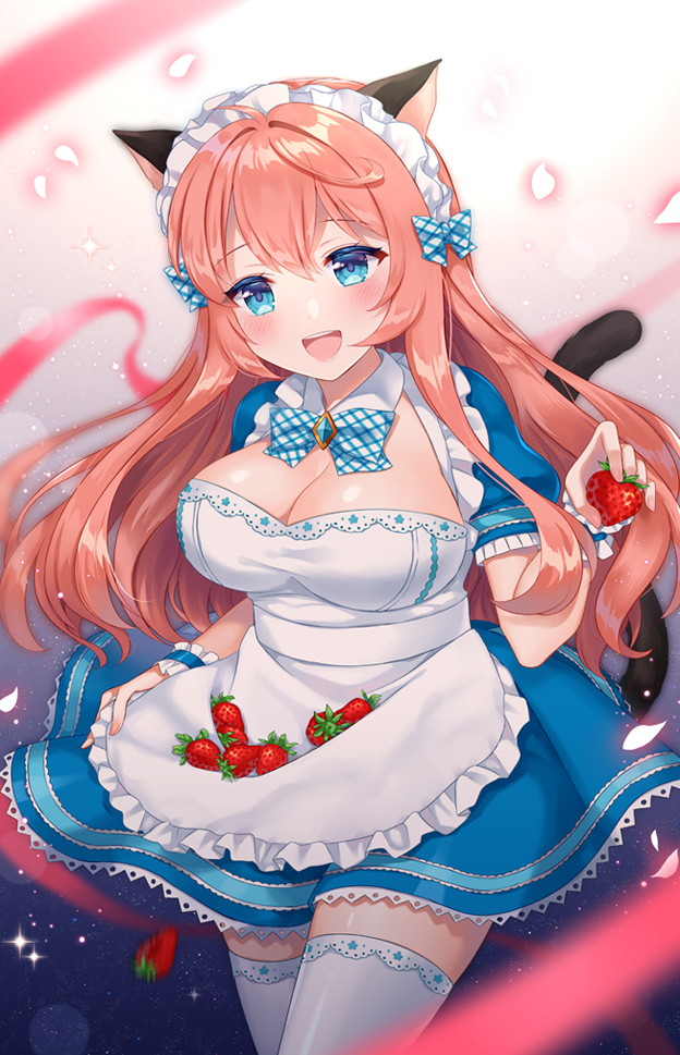 1girl :d animal_ears apron bangs blue_dress blue_eyes blue_neckwear blurry blush bow bowtie breasts cat_ears cleavage collared_dress commentary_request cowboy_shot depth_of_field dress food frilled_apron frilled_cuffs frills fruit hand_up head_tilt holding holding_food holding_fruit large_breasts long_hair looking_at_viewer maid maid_apron maid_headdress naomi_(fantasia) open_mouth original pink_hair plaid plaid_bow puffy_short_sleeves puffy_sleeves short_sleeves sidelocks smile solo strawberry thigh-highs upper_teeth white_apron white_legwear wrist_cuffs