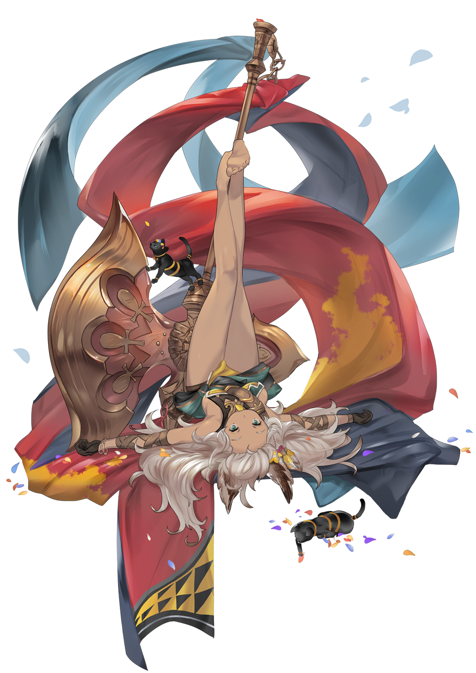 1girl animal_ears axe barefoot black_gloves cat dark_skin erune feet gloves granblue_fantasy highres legs_up long_hair lying nemone nyantyubosi on_back petals planted_weapon weapon