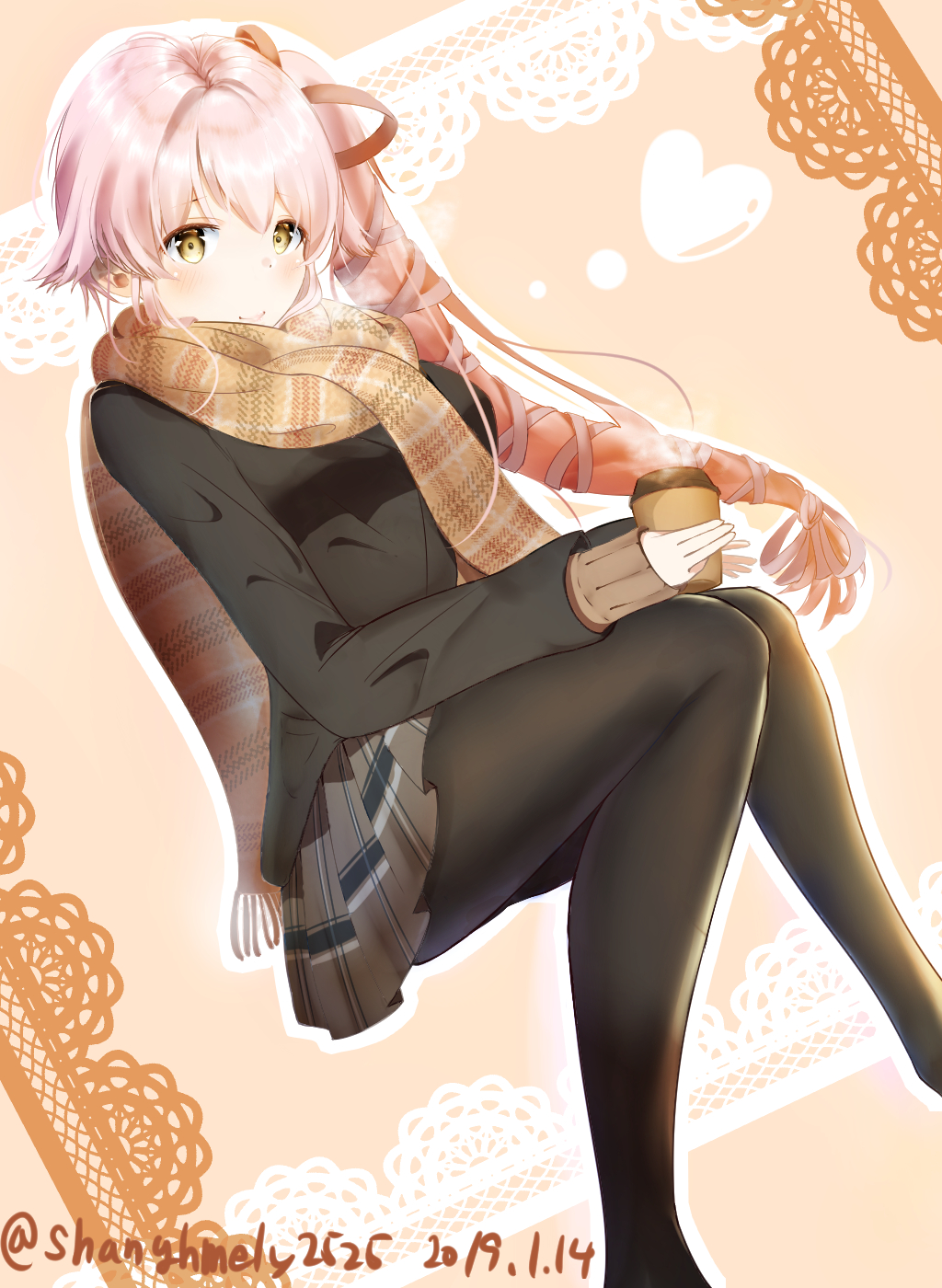 1girl alternate_costume black_jacket black_legwear blush brown_eyes brown_sweater closed_mouth coffee_cup cup disposable_cup eyebrows_visible_through_hair hair_flaps heart highres jacket kantai_collection long_hair long_sleeves pantyhose pink_hair pleated_skirt ponytail scarf shanghmely skirt solo sweater very_long_hair yura_(kantai_collection)