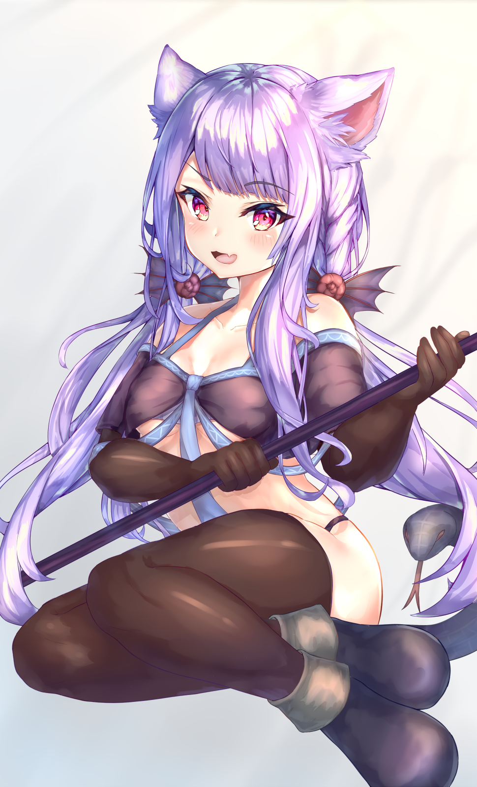 1girl :d animal_ear_fluff animal_ears bangs bare_shoulders black_footwear blush braid breasts brown_gloves brown_legwear cat_ears collarbone crop_top elbow_gloves eyebrows_visible_through_hair fang gloves hair_ornament highres holding long_hair looking_at_viewer mishuo_(misuo69421) no_pants open_mouth original panties purple_hair red_eyes shoes sidelocks small_breasts smile solo thigh-highs underwear very_long_hair