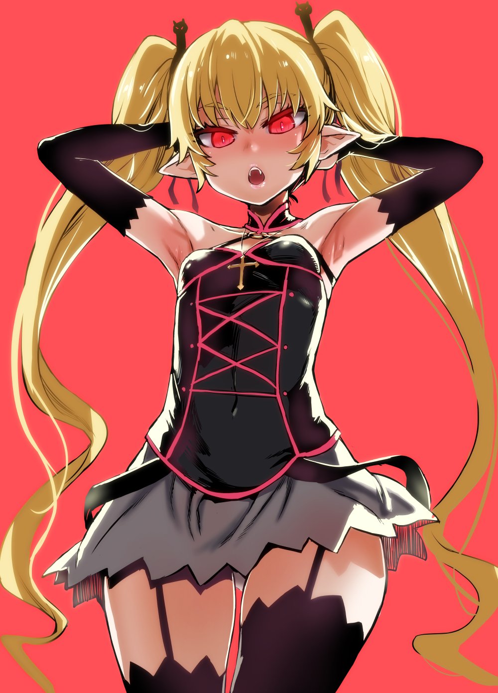 1girl armpits arms_up asanagi backlighting bare_shoulders black_legwear blonde_hair breasts covered_navel cowboy_shot detached_sleeves eyebrows_visible_through_hair fangs garter_straps glowing glowing_eyes halterneck highres jewelry long_hair looking_at_viewer miniskirt necklace open_mouth pachira pink_background pointy_ears red_eyes renkin_san-kyuu_magical_pokaan rosary simple_background skirt small_breasts solo thigh-highs thighs twintails very_long_hair
