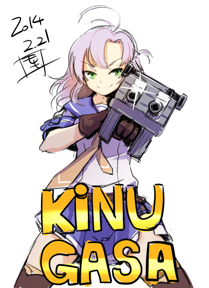 1girl 2014 ahoge character_name commentary_request dated gloves green_eyes gun kantai_collection kinugasa_(kantai_collection) lens_flare looking_at_viewer momo_(higanbana_and_girl) necktie pointing pointing_at_viewer purple_hair remodel_(kantai_collection) school_uniform serafuku solo weapon yellow_neckwear