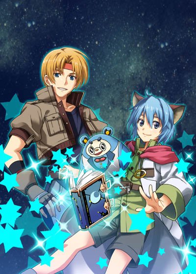 animal_ears blonde_hair blue_eyes blue_hair book cat_ears claude_kenni commentary_request gloves headband jacket leon_geeste male_focus multiple_boys pointy_ears shorts smile star_ocean star_ocean_the_second_story