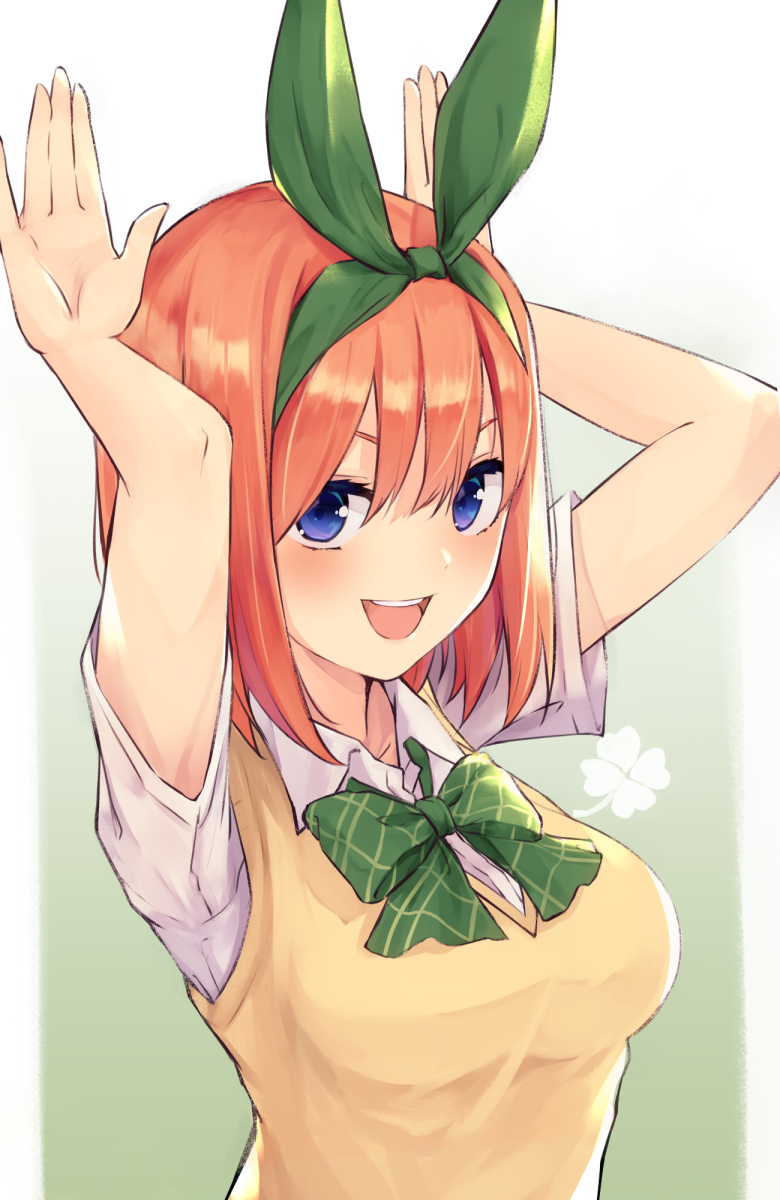1girl :d alisia0812 arms_up bangs blue_eyes bow bowtie breasts bunny_pose collared_shirt go-toubun_no_hanayome green_bow hair_between_eyes hair_ribbon highres looking_at_viewer medium_breasts nakano_yotsuba open_mouth orange_hair ribbon school_uniform shirt short_hair short_sleeves simple_background smile solo striped striped_bow sweater_vest upper_body upper_teeth white_shirt yellow_sweater_vest