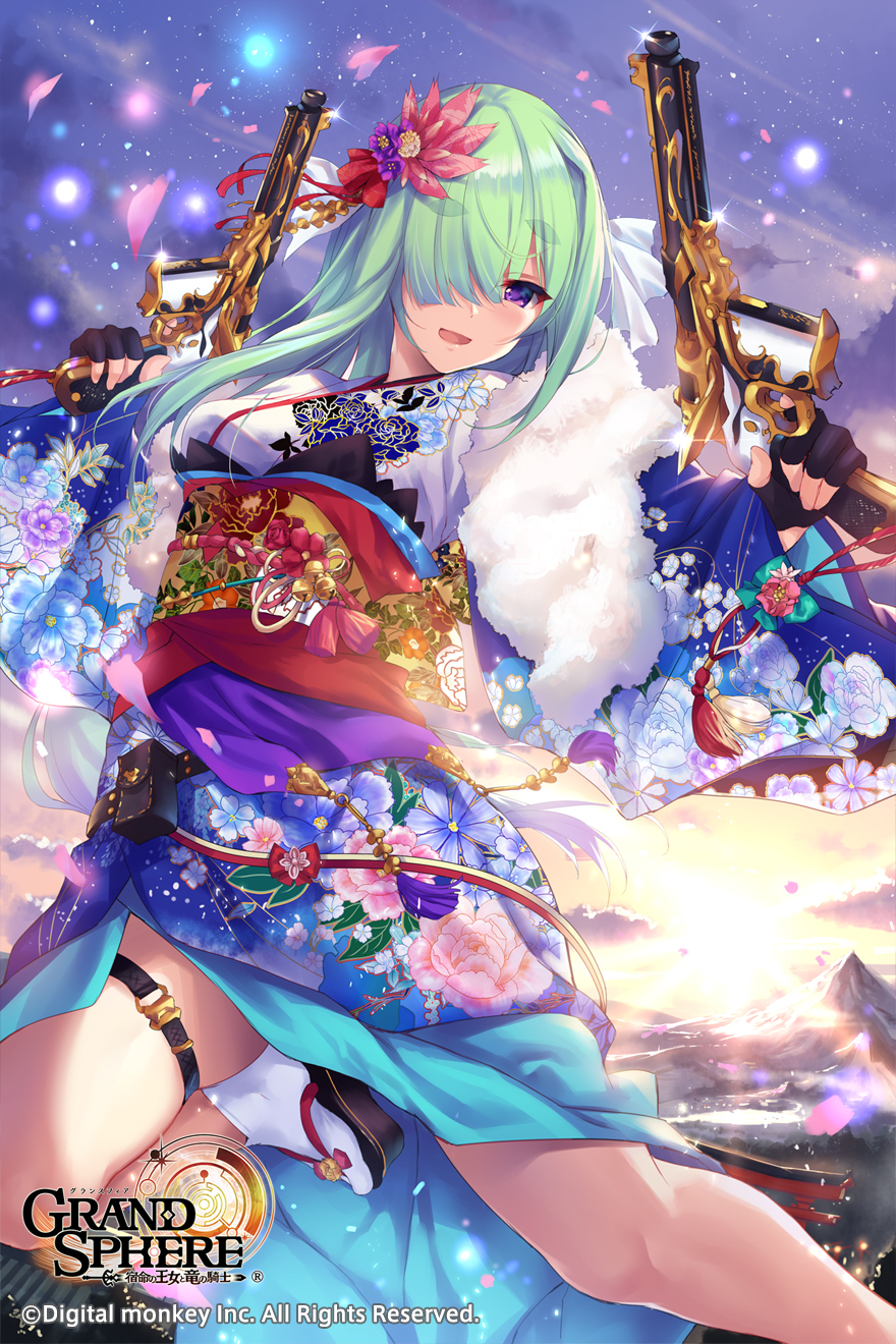 1girl bangs black_gloves blue_hair blue_kimono breasts dual_wielding eyebrows_visible_through_hair finger_on_trigger fingerless_gloves floating_hair flower fog fukai_ryousuke fur-trimmed_shawl geta glint gloves gold_trim gradient_hair grand_sphere gun hair_flower hair_ornament hair_over_one_eye hair_ribbon handgun highres holding holding_gun holding_weapon japanese_clothes kimono large_breasts leg_up light_particles logo long_hair mountain multicolored multicolored_hair multicolored_sky obi open_mouth orange_sky outdoors pink_flower pouch purple_sky ribbon running sash shawl shrine sidelocks sion_flower_gun_princess skindentation sky smile solo strap sunrise sunset tabi tareme thick_eyebrows thigh_strap torii tree very_long_hair violet_eyes watermark weapon white_legwear white_ribbon wide_sleeves wind