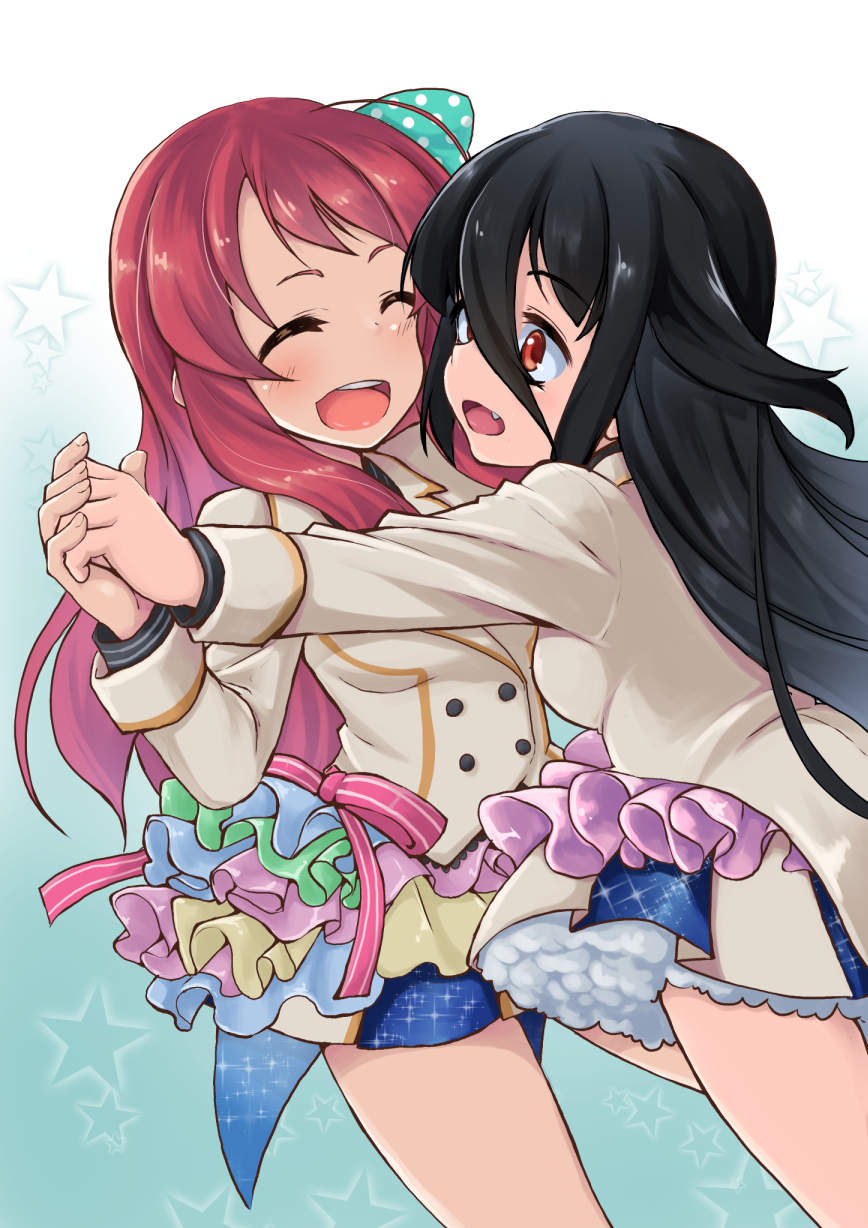 2girls aiai_(jsm) black_hair blue_background blush bow breasts closed_eyes commentary_request contrapposto cowboy_shot facing_another fang frilled_skirt frills gradient gradient_background hair_between_eyes hair_bow hand_holding highres jacket layered_skirt leaning_on_person long_hair long_sleeves looking_at_another medium_breasts minamoto_sakura multiple_girls open_mouth pink_hair polka_dot polka_dot_bow red_eyes skirt standing star starry_background thick_eyebrows very_long_hair white_jacket yamada_tae zombie_land_saga