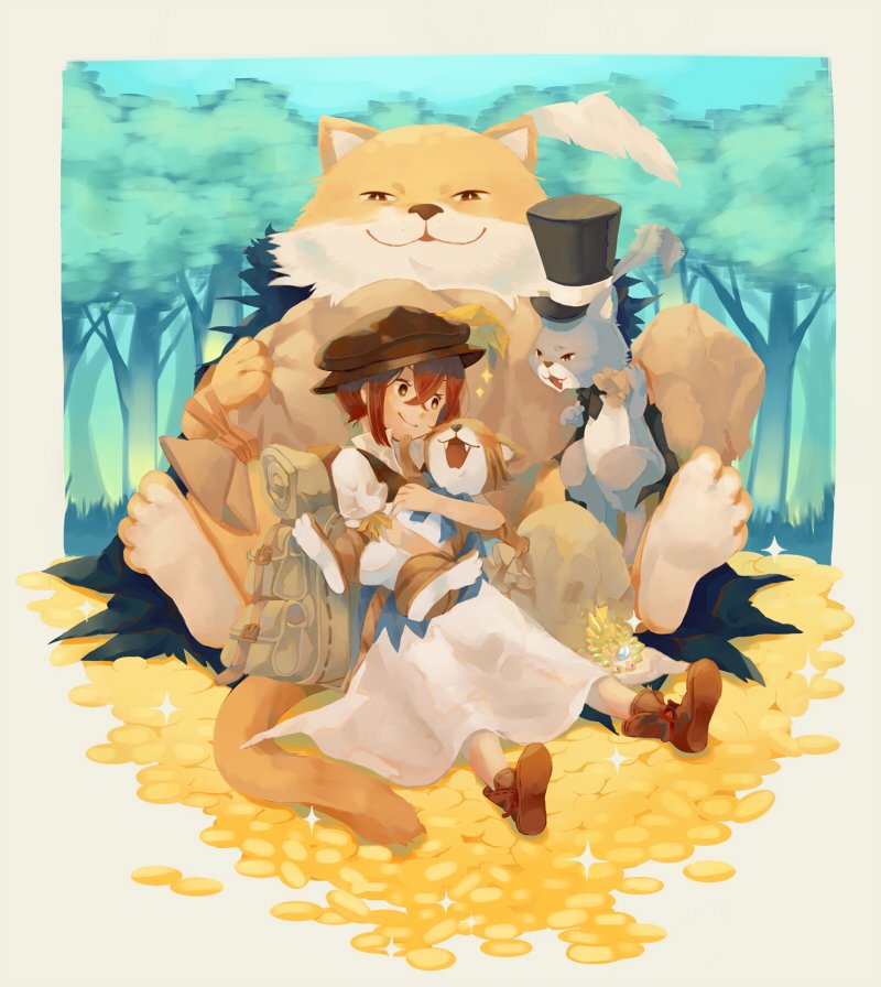 1girl animal brown_hair cat dress forest gloves hat irono16 jewelry looking_at_viewer nature octopath_traveler open_mouth short_hair simple_background sky smile tressa_(octopath_traveler)
