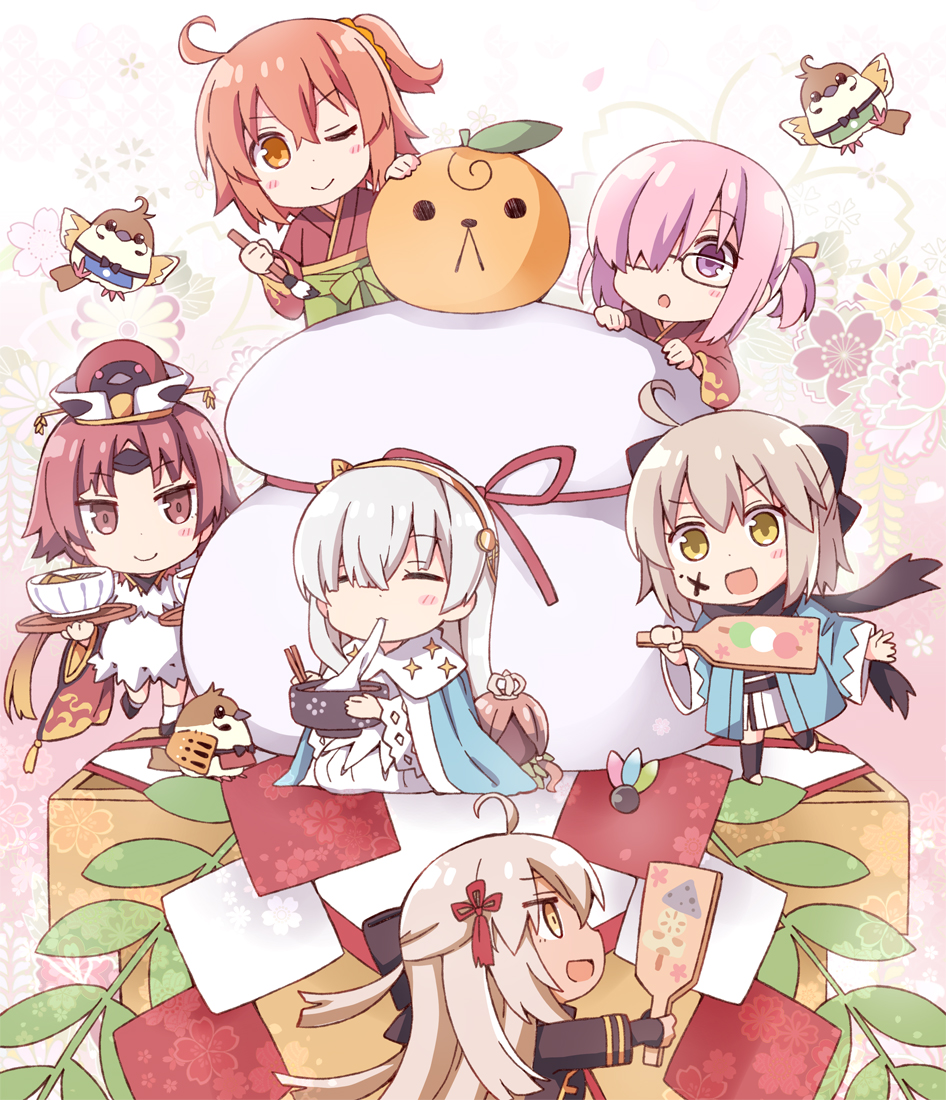 6+girls :d :o ;) anastasia_(fate/grand_order) animal apron bangs benienma_(fate/grand_order) bird black-framed_eyewear black_legwear blue_cloak blush brown_eyes brown_hair brown_hat brown_kimono calligraphy_brush chibi cloak closed_eyes closed_mouth commentary_request crown dress eating eyebrows_visible_through_hair facepaint fate/grand_order fate_(series) fou_(fate/grand_order) fujimaru_ritsuka_(female) glasses hagoita hair_between_eyes hair_ornament hair_over_one_eye hair_scrunchie hanetsuki haori hat japanese_clothes kagami_mochi kimono koha-ace light_brown_hair long_hair long_sleeves mash_kyrielight mini_crown mochi multiple_girls okita_souji_(alter)_(fate) okita_souji_(fate) okita_souji_(fate)_(all) one_eye_closed one_side_up open_mouth orange_scrunchie paddle paintbrush parted_bangs parted_lips pink_hair rioshi scrunchie short_kimono silver_hair smile standing standing_on_one_leg stirrup_legwear toeless_legwear very_long_hair violet_eyes white_apron white_dress white_kimono wide_sleeves