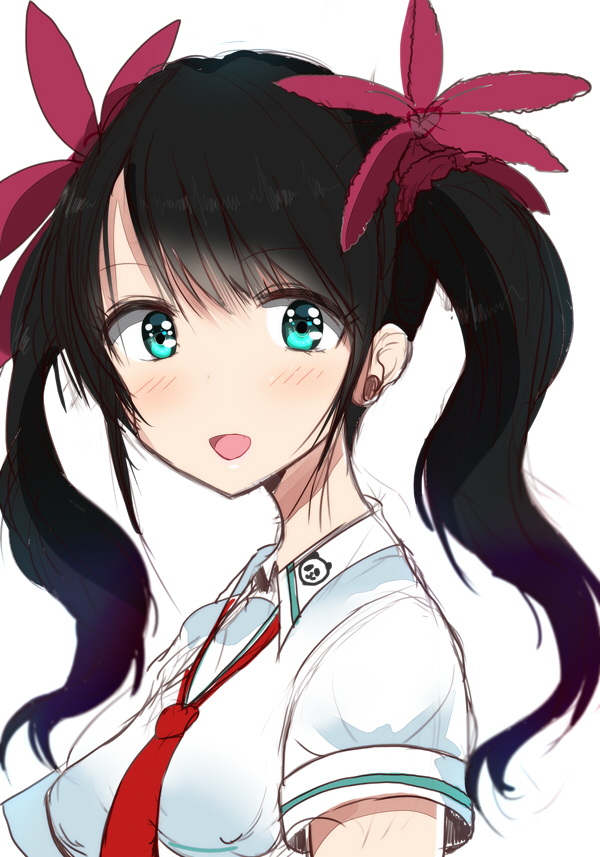 1girl :d bangs black_hair blue_eyes breasts collared_shirt commentary_request eyebrows_visible_through_hair hair_ornament haru_(nature_life) ling_xiaoyu long_hair looking_at_viewer looking_to_the_side medium_breasts namco necktie open_mouth red_neckwear shirt short_sleeves sidelocks simple_background smile solo tekken tekken_7 twintails upper_body white_background white_shirt