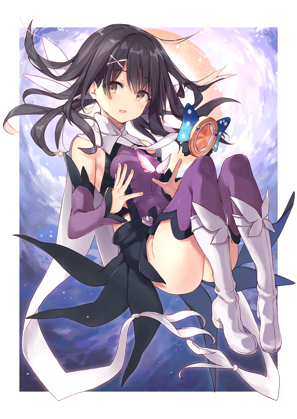 1girl bare_shoulders black_hair blush boots breasts brown_eyes cape commentary_request eyebrows_visible_through_hair fate/grand_order fate/kaleid_liner_prisma_illya fate_(series) floating floating_hair hair_between_eyes hair_ornament hair_ribbon hairclip highres kaleidostick leotard long_hair looking_at_viewer magical_girl magical_sapphire miyu_edelfelt nanananana open_mouth purple_legwear purple_leotard ribbon small_breasts solo white_cape white_footwear x_hair_ornament