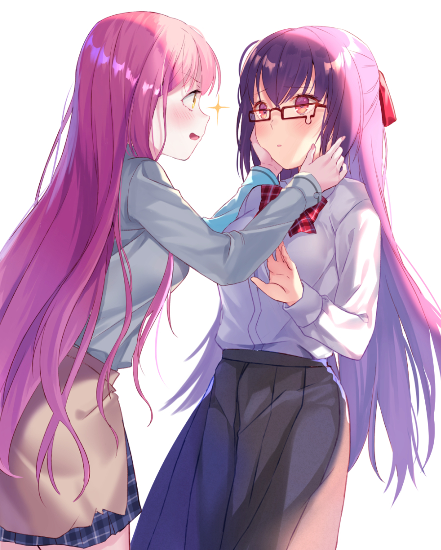 2girls :d bangs blue_skirt blush bow breasts brown_eyes brown_skirt commentary_request dress_shirt eye_contact eyebrows_visible_through_hair fate/grand_order fate_(series) glasses grey_shirt hair_between_eyes hair_bow hands_on_own_face long_hair long_sleeves looking_at_another medb_(fate)_(all) medb_(fate/grand_order) multiple_girls open_mouth parted_lips pink_hair plaid plaid_bow plaid_skirt pleated_skirt profile purple_hair red-framed_eyewear red_bow red_eyes scathach_(fate)_(all) scathach_skadi_(fate/grand_order) shirt simple_background skirt small_breasts smile sparkle tears very_long_hair white_background white_shirt yuraiko