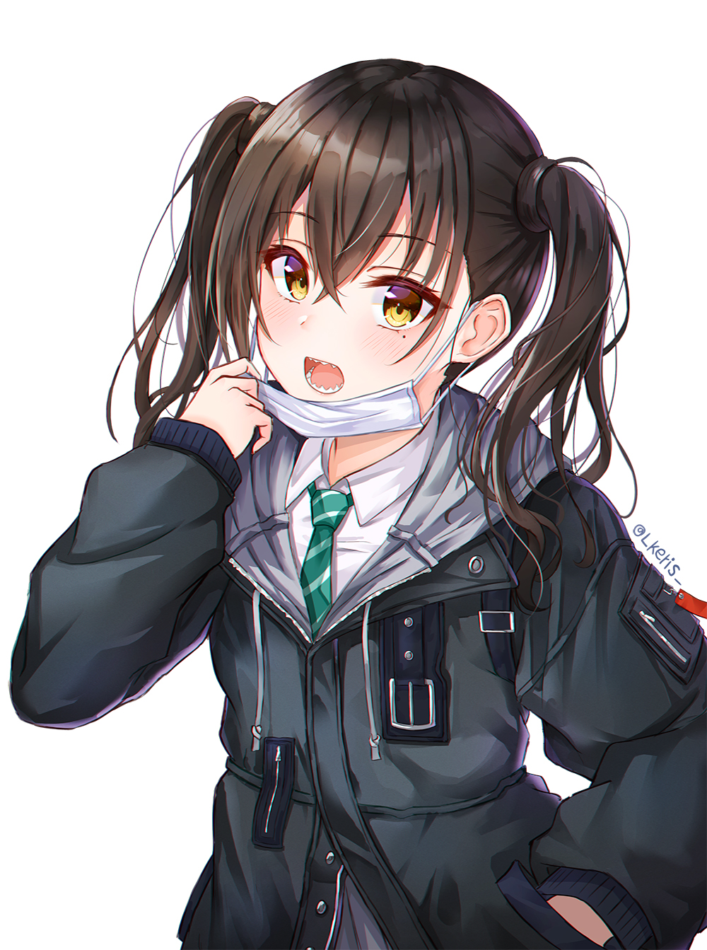 1girl :o bangs black_jacket brown_eyes brown_hair collared_shirt commentary drawstring hair_between_eyes hand_in_pocket hand_up highres hood hood_down hooded_jacket idolmaster idolmaster_cinderella_girls jacket lkeris long_hair long_sleeves looking_at_viewer mask_pull mole mole_under_eye necktie open_mouth sanpaku sharp_teeth shirt sidelocks sleeves_past_wrists solo sunazuka_akira surgical_mask teeth twintails upper_body white_shirt